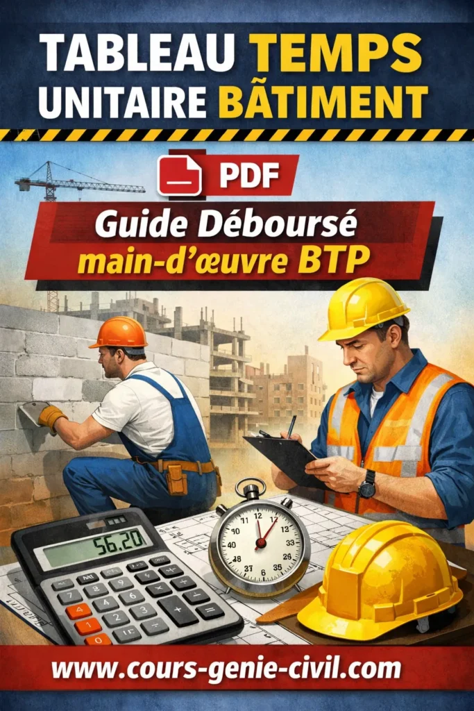Couverture Pinterest colorée pour “Tableau temps unitaire bâtiment PDF : Guide déboursé main‑d’œuvre BTP” avec ouvriers, calculatrice, chronomètre et logo www.cours-genie-civil.com.