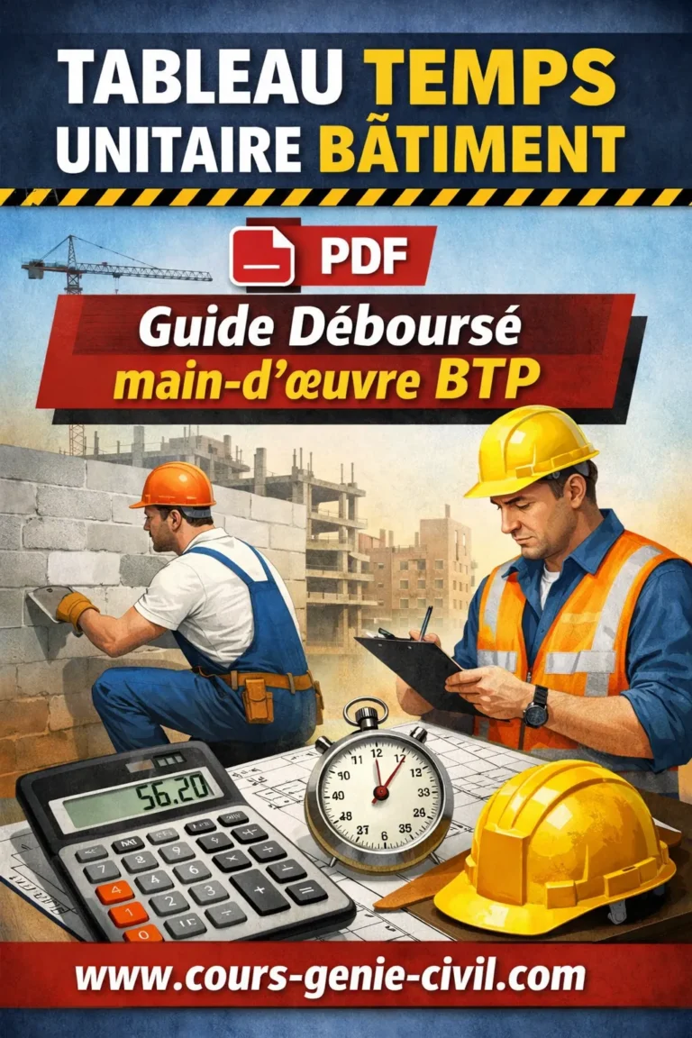 Couverture Pinterest colorée pour “Tableau temps unitaire bâtiment PDF : Guide déboursé main‑d’œuvre BTP” avec ouvriers, calculatrice, chronomètre et logo www.cours-genie-civil.com.