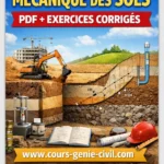 Couverture illustrative pour “Cours Mécanique des Sols PDF – Exercices Corrigés” avec schémas géotechniques, excavatrice, strates de sol, carnet de calculs et logo www.cours-genie-civil.com.
