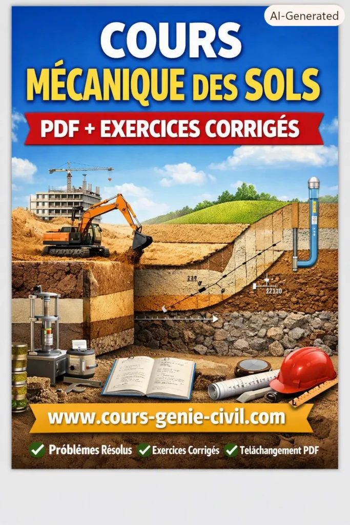 Couverture illustrative pour “Cours Mécanique des Sols PDF – Exercices Corrigés” avec schémas géotechniques, excavatrice, strates de sol, carnet de calculs et logo www.cours-genie-civil.com.
