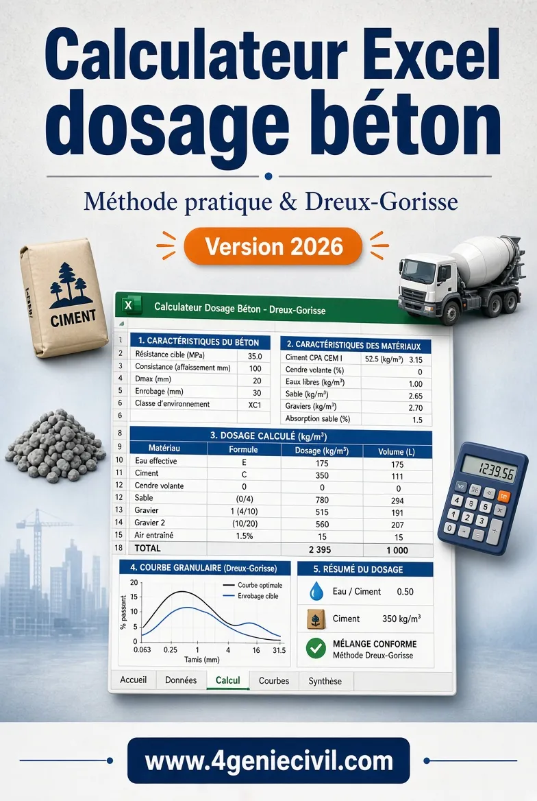 Calculateur Excel dosage béton – Méthode pratique & Dreux-Gorisse – Outil gratuit génie civil