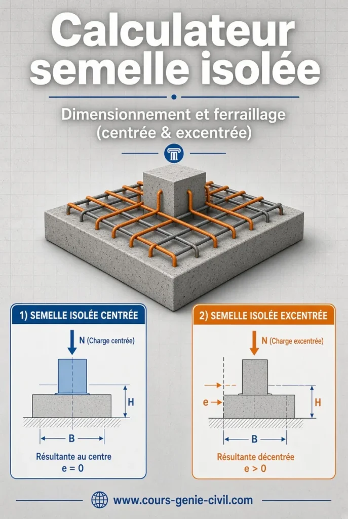 Calculateur semelle isol&eacute;e centr&eacute;e et excentr&eacute;e &ndash; Dimensionnement et ferraillage b&eacute;ton arm&eacute;