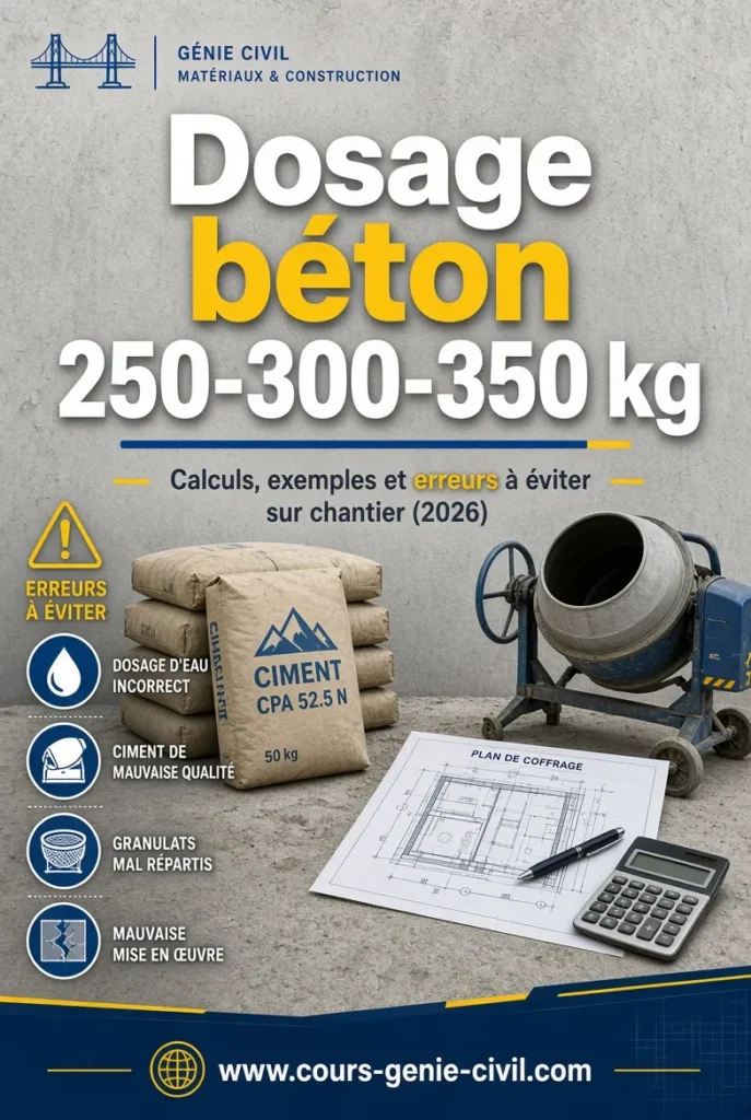 Dosage beton 250 300 350 kg calculs exemples et erreurs a eviter sur chantier 2026