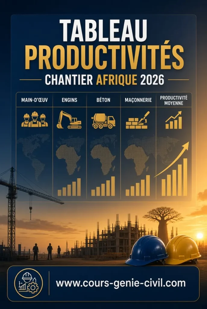Tableau Productivités Chantier Afrique 2026 | Cours Génie Civil Tableau des productivités de chantier en Afrique- Indicateurs main-d'œuvre, engins et béton pour le génie civil